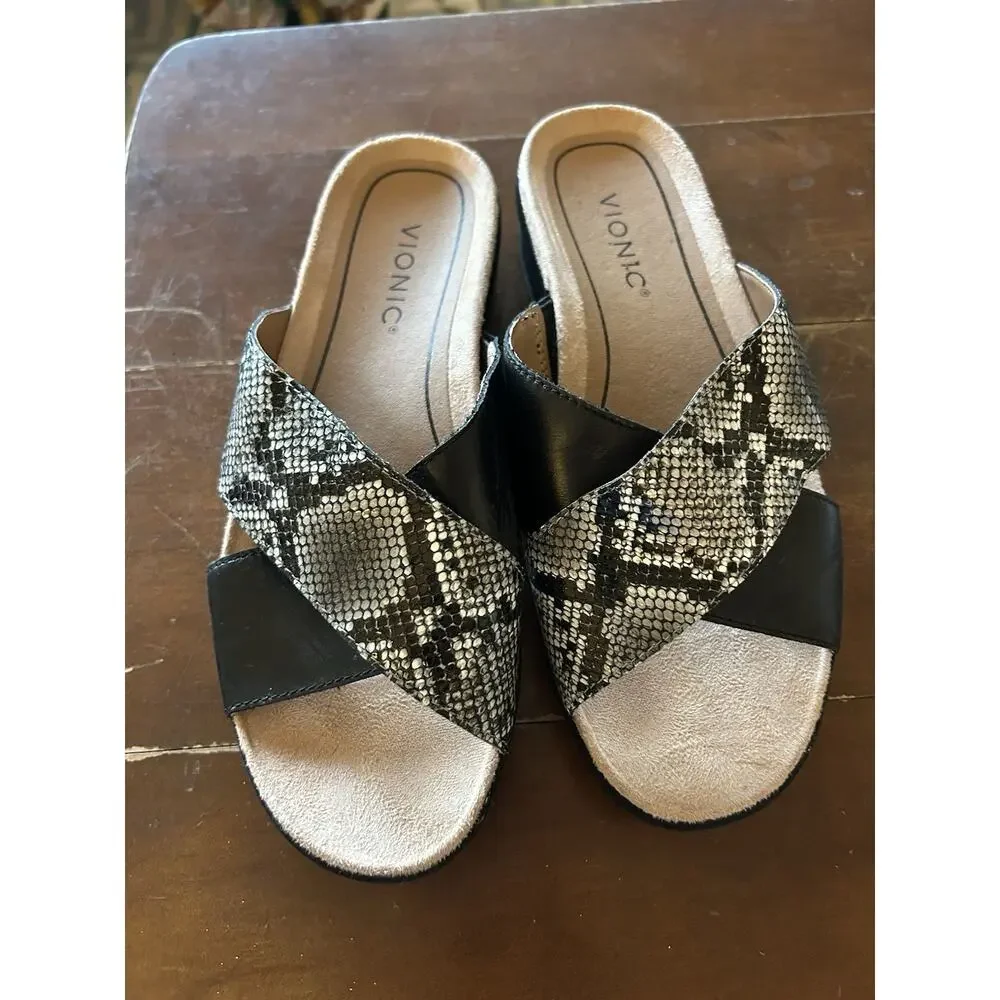 Vionic Black and Beige Snake-Print Crossband Slide Sandals